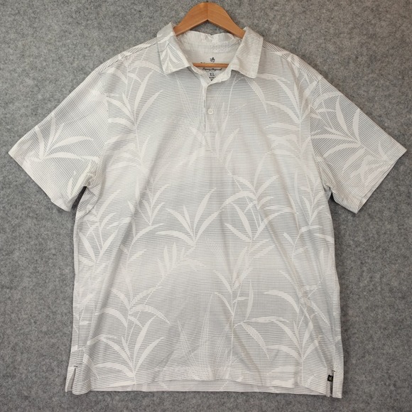 Striped‎ Polo Shirt Mens XL White Gray Leafy Tropical Loose Naturecore NAT NAST